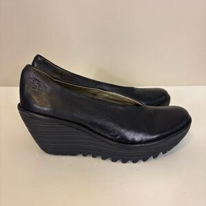 Fly London Black Leather Wedge Heels Size 38 7.5-8
